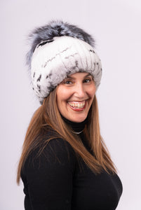 Rex Rabbit Hat with Silver Fox Fur Top - Chinchilla/White