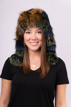 Load image into Gallery viewer, Black Rex rabbit Musher Hat with Green/Blue/Gold Fox Fur Trim
