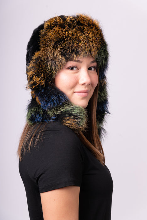 Black Rex rabbit Musher Hat with Green/Blue/Gold Fox Fur Trim