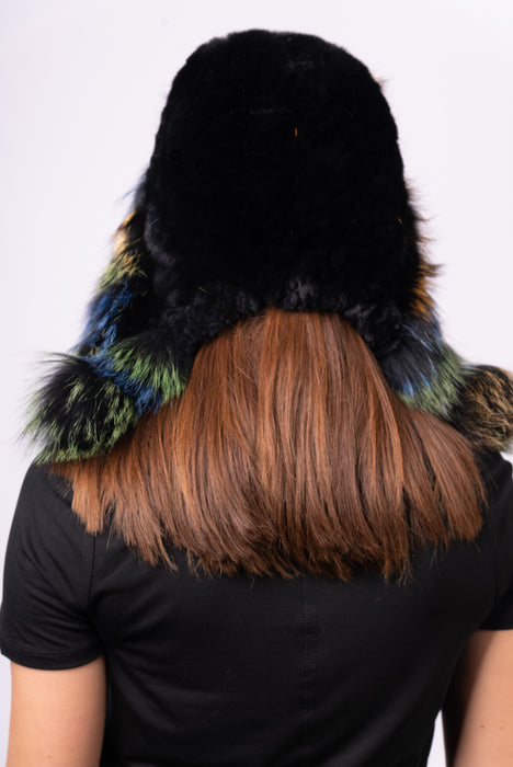 Black Rex rabbit Musher Hat with Green/Blue/Gold Fox Fur Trim