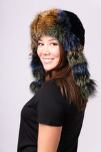 Load image into Gallery viewer, Black Rex rabbit Musher Hat with Green/Blue/Gold Fox Fur Trim
