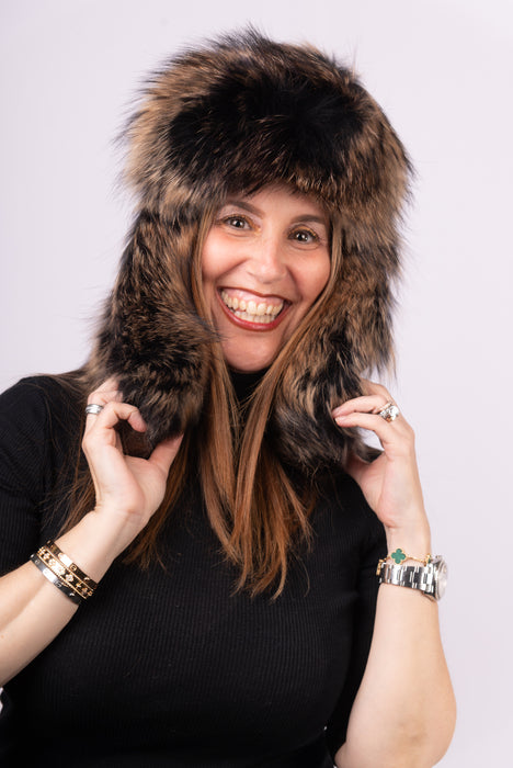 Metallic Bronze Shearling Hat with Fox Fur Trim