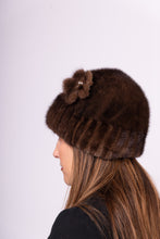 Load image into Gallery viewer, Mahogany Mink Hat with Removable Mink Flower Pin
