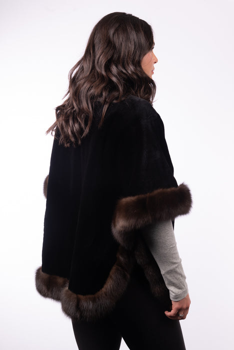 Black Sheared Mink Poncho with Russian Sable Trim