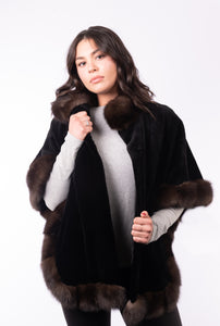 Black Sheared Mink Poncho with Russian Sable Trim