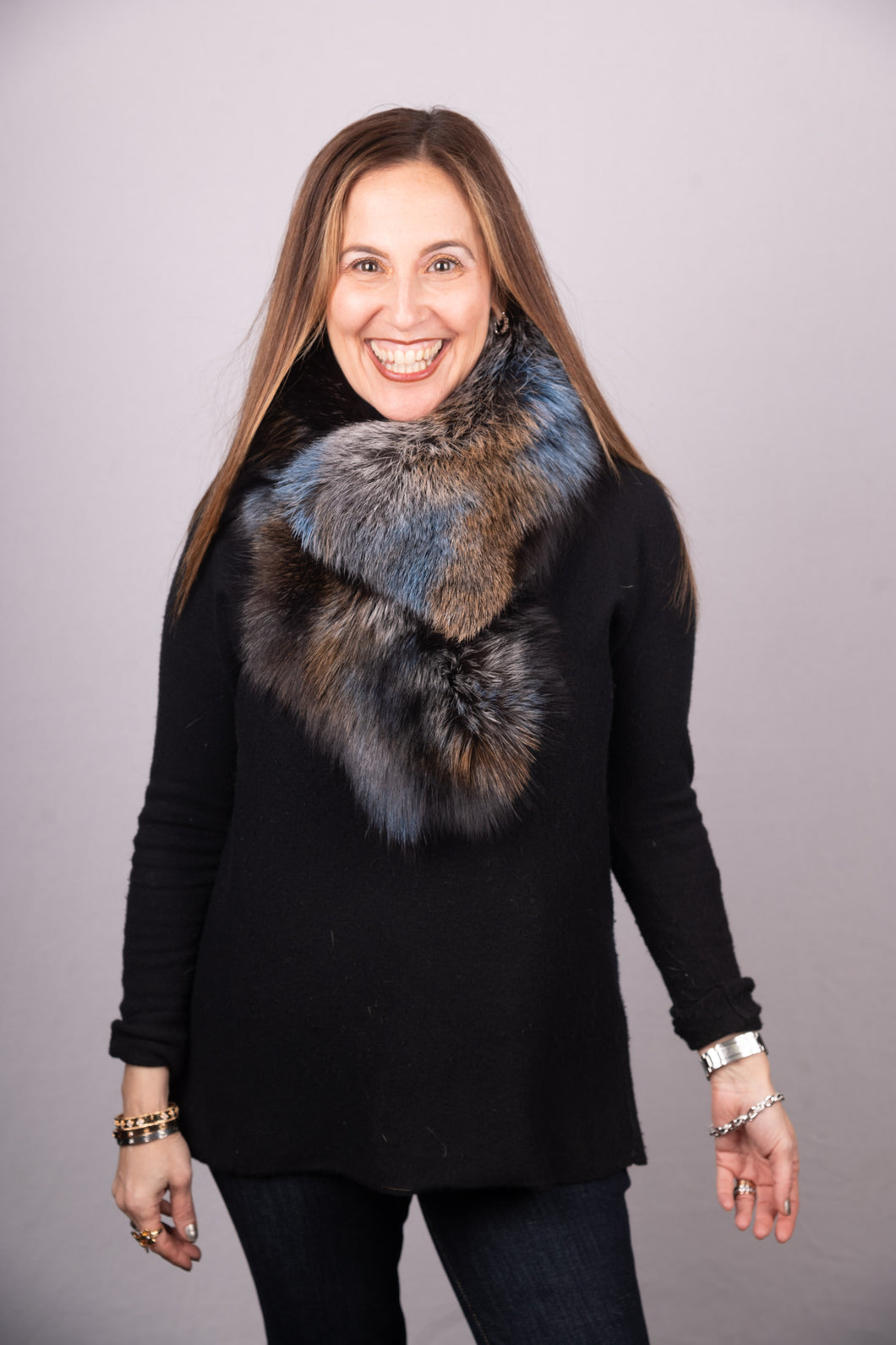 Sky Blue/Cafe Silver Fox Fur Collar