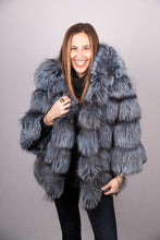 Load image into Gallery viewer, Denim Silver Fox Jacket with Hood
