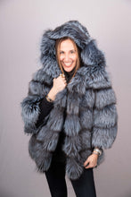 Load image into Gallery viewer, Denim Silver Fox Jacket with Hood
