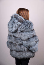 Load image into Gallery viewer, Denim Silver Fox Jacket with Hood
