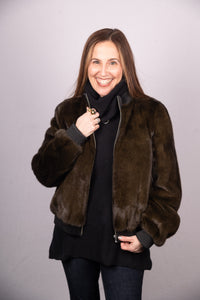 Olive Cross Mink Jacket Reversible to Black Tafetta