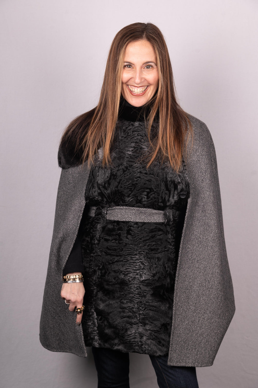 Black Mink/Charcoal Swakara Lamb/Charcoal Wool Cashmere Cape