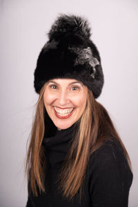 Black/Silver Metallic Mink "Star" Hat with Black Metallic Fox