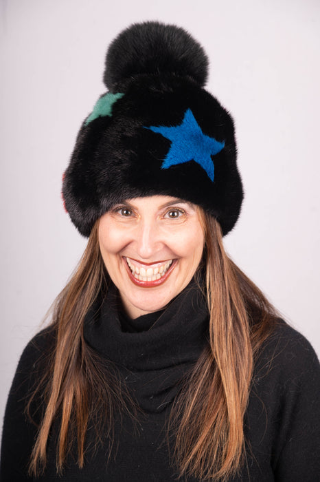 Black/Mulitcolor Mink "Star" Hat with Black Fox
