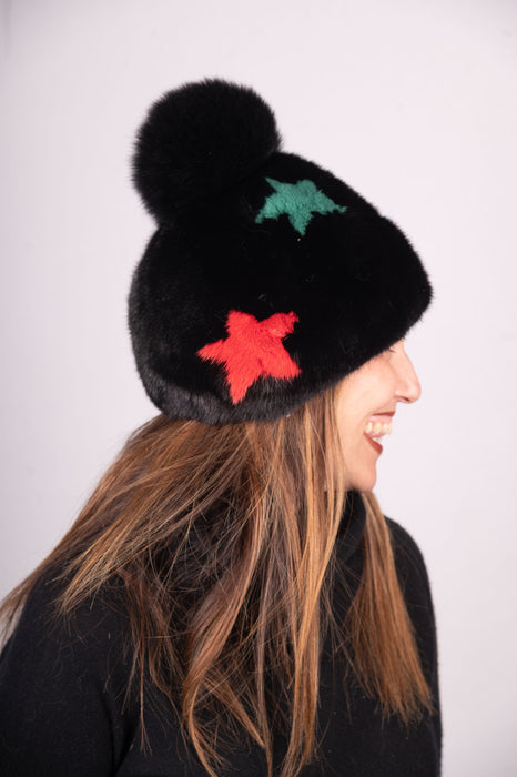 Black/Mulitcolor Mink "Star" Hat with Black Fox