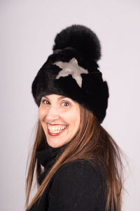 Black/Charcoal/Silver/White/Pearl Mink "Star" Hat with Black Fox Pom Pom