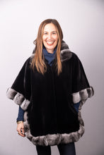 Load image into Gallery viewer, Black Sheared Mink Poncho with Natural Chinchilla Trim
