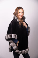 Load image into Gallery viewer, Black Sheared Mink Poncho with Natural Chinchilla Trim
