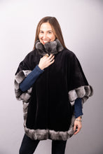 Load image into Gallery viewer, Black Sheared Mink Poncho with Natural Chinchilla Trim
