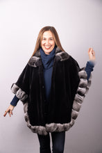 Load image into Gallery viewer, Black Sheared Mink Poncho with Natural Chinchilla Trim
