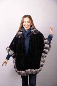 Black Sheared Mink Poncho with Natural Chinchilla Trim