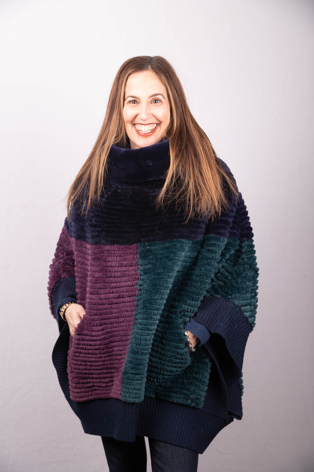 Sheared Beaver Poncho - Navy/Emerald/Purple