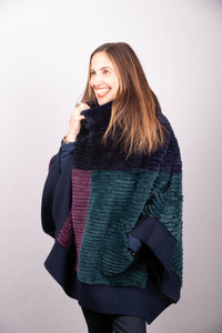 Sheared Beaver Poncho - Navy/Emerald/Purple