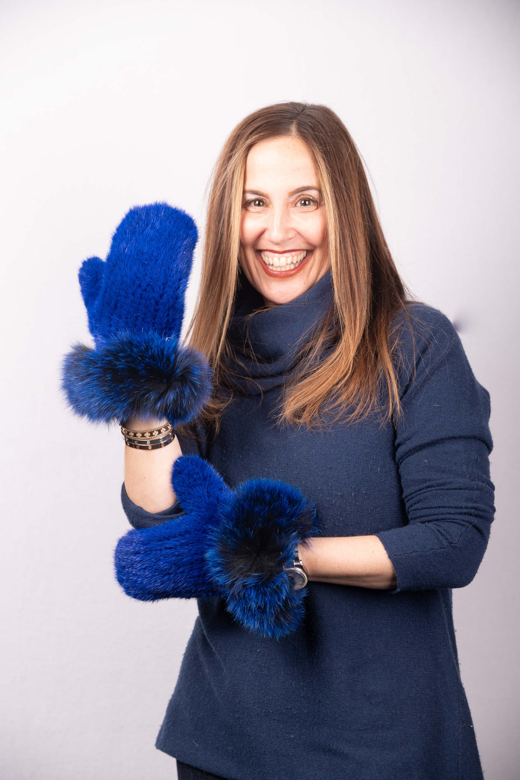 Royal Blue Mink Mittens with Royal Blue Fox Trim