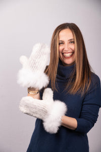 Natural Silver Cross Mink Mittens with White Fox Trim