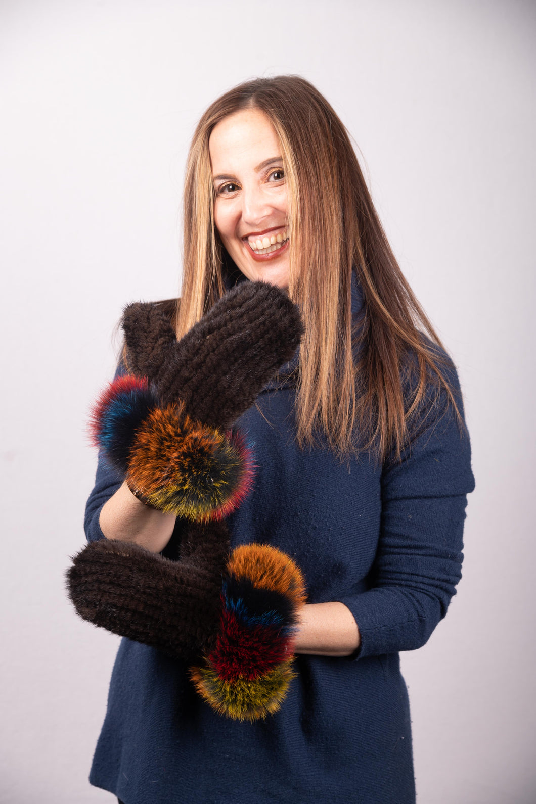 Mahogany Mink Mittens with Multicolor Fox Trim