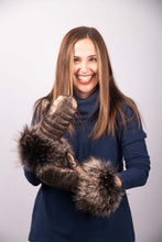 Load image into Gallery viewer, Black Gold Lamb Leather Mittens with Black Coffee Asiatic Raccoon
