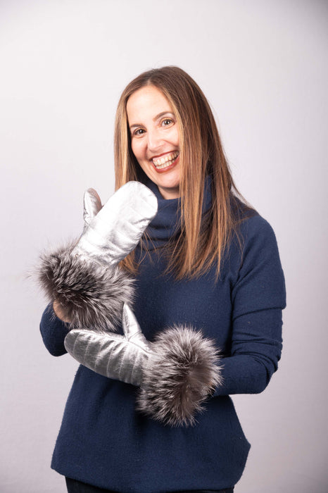 Metallic Silver Lamb Leather Mittens with Natural Silver Fox