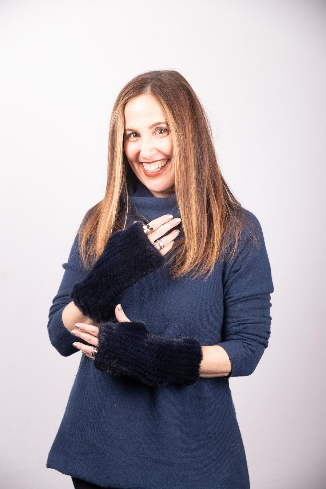 Navy Mink Fingerless Gloves